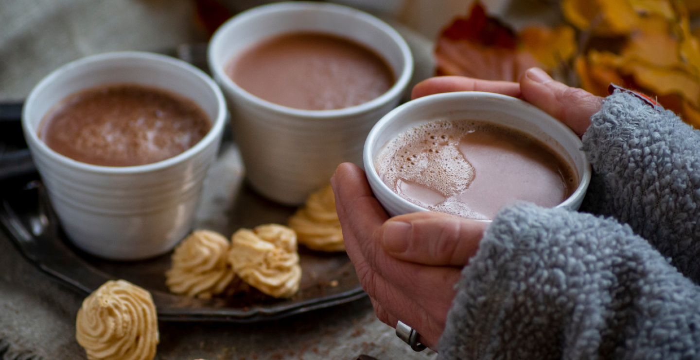 hands holding a mug of hot cocoa without marshmallows